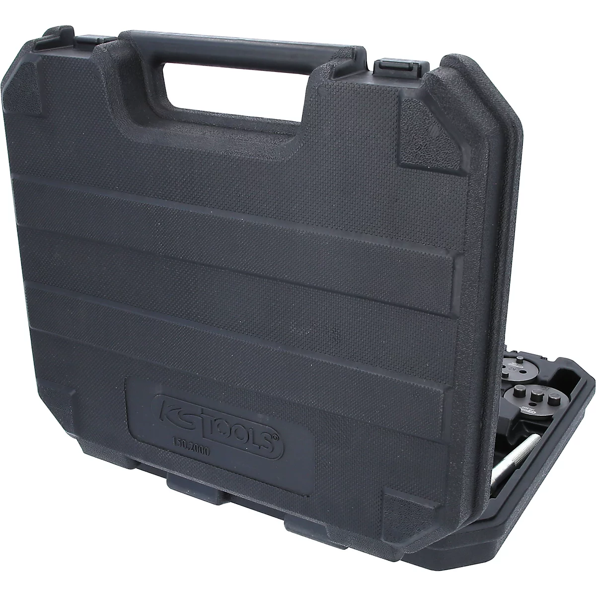 Schwarzer Werkzeugkasten mit Werkzeug, teilweise geöffnet. Griff oben, Logo: KS TOOLS.